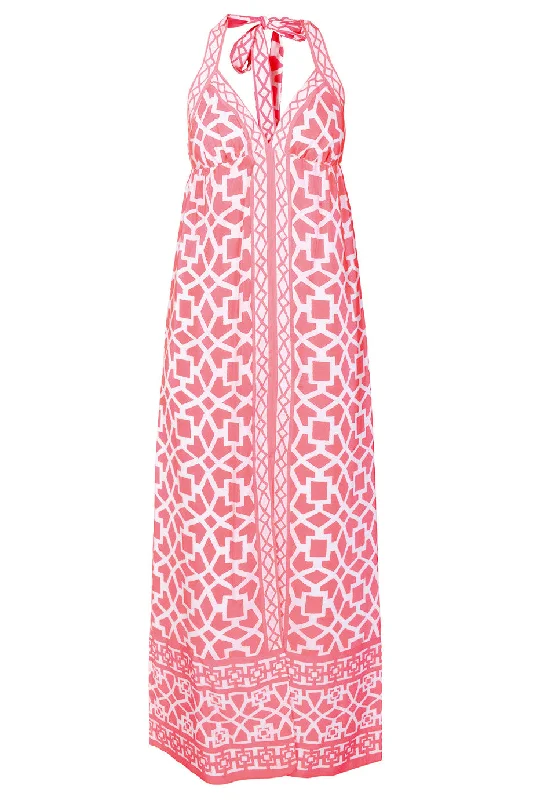 ALICE & TRIXIE PETRA Neon Pink Halterneck Maxi Silk Dress