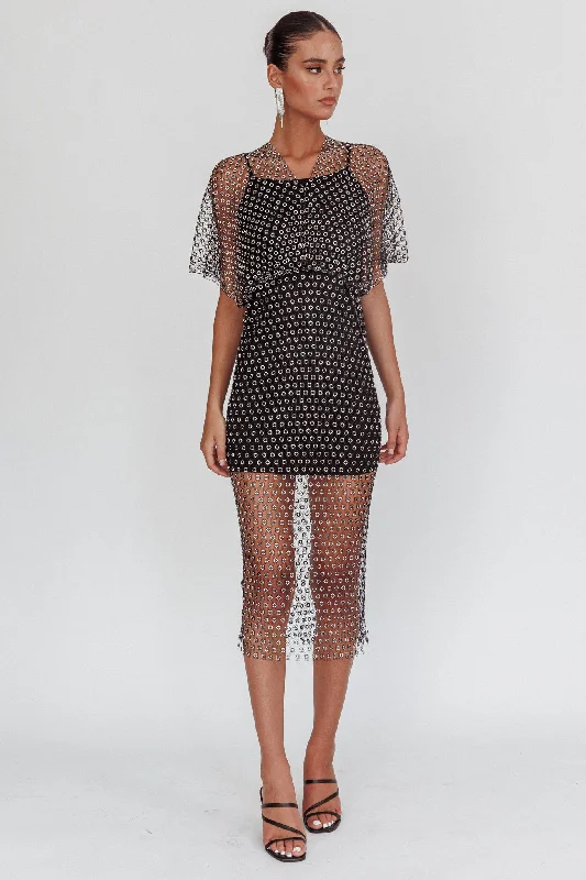 Astra Diamante Fishnet Midi Dress Black