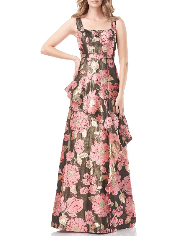 Belle Womens Metallic Floral Evening Dress