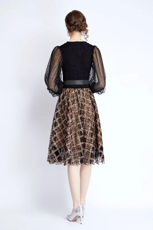 Black & Apricot Cocktail & Party A-line Crewneck Bracelet Knee Lace Dress