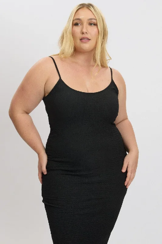 Black Bubble Texture Strappy Bodycon Scoop Neck Dress