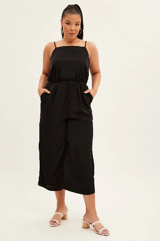 Black Strappy Jumpsuit High Neck Party Matte Satin