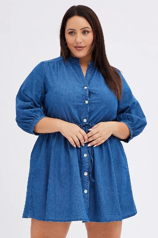 Blue Shirt Dress Denim Look Puff Sleeve