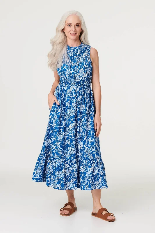 Floral High Neck Shirred Midi Dress