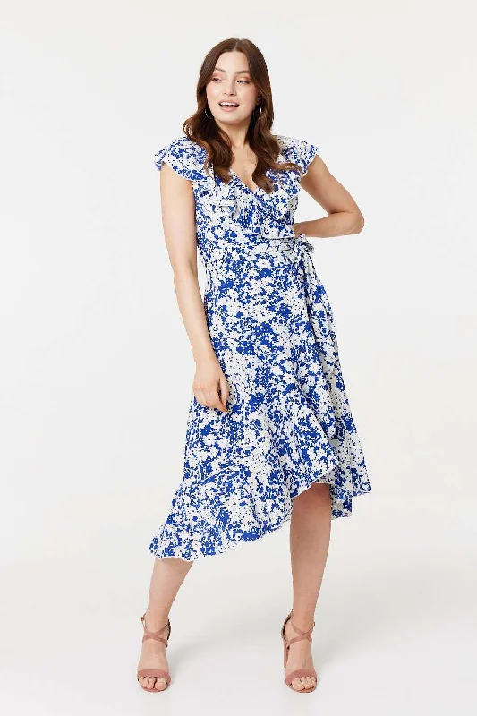 Printed Tie Waist Midi Wrap Dress