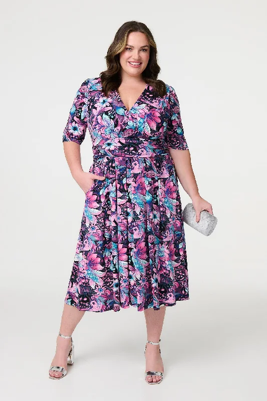 Floral Faux Wrap Front Midi Dress