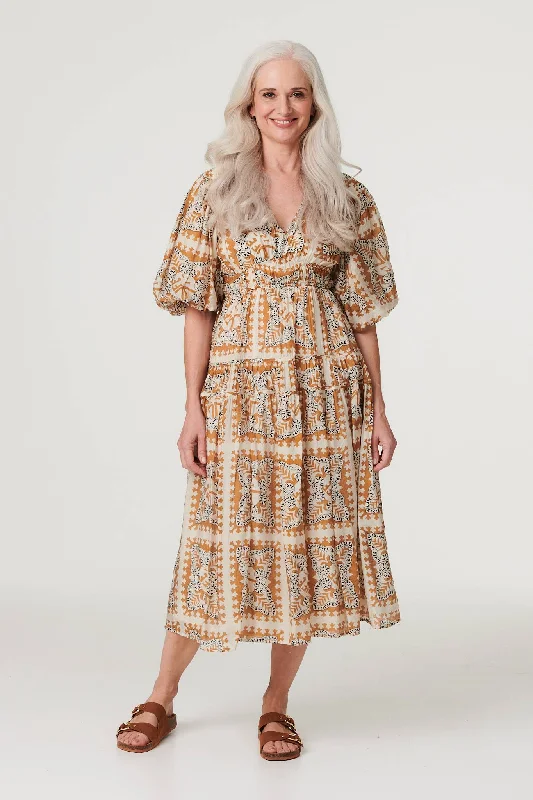 Printed Puff 1/2 Sleeve Midi Dress