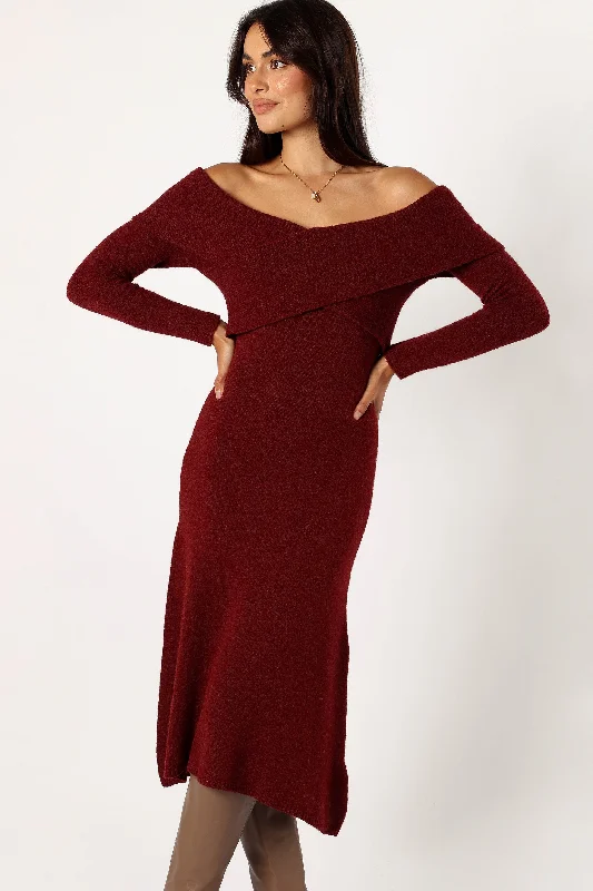 Deena Off Shoulder Midi Dress - Red