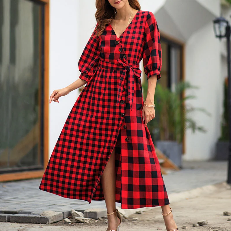 Deep V-neck Plaid Sashes A-line Long Dress Women Fashion Vintage 3/4 Sleeve Split Hem Dresses Ladies Elegant Party Dress Autumn