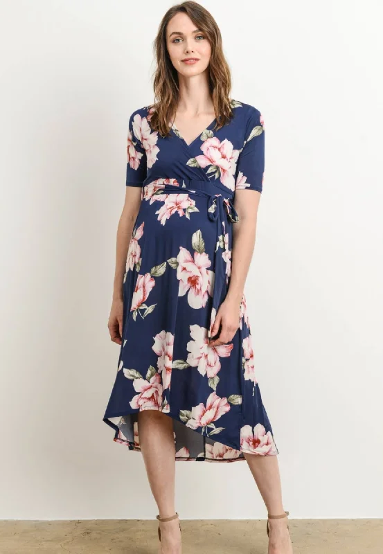 Floral Print High-Low Maternity Nursing Wrap Dress