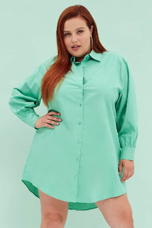 Green Cotton Shirtdress Oversized Long Sleeve