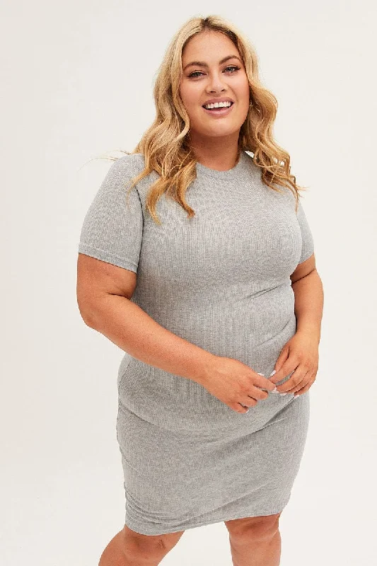 Grey Midi Dress Short Sleeve Rib Jersey Bodycon