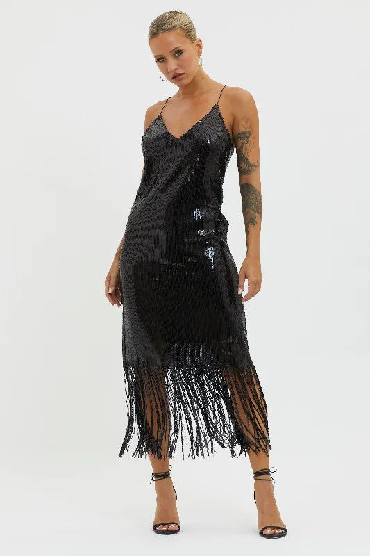 Halo Moon Sequin Fringe Midi Dress Black