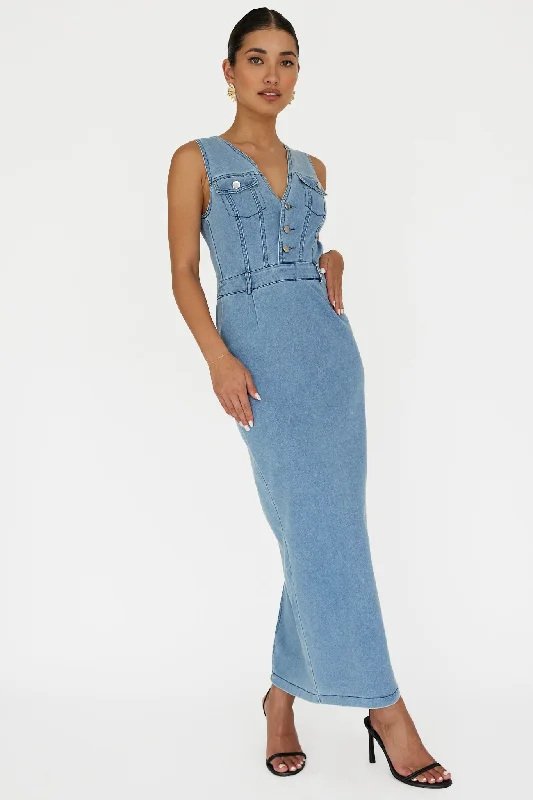 Jazelle Sleeveless Button Front Maxi Dress Denim