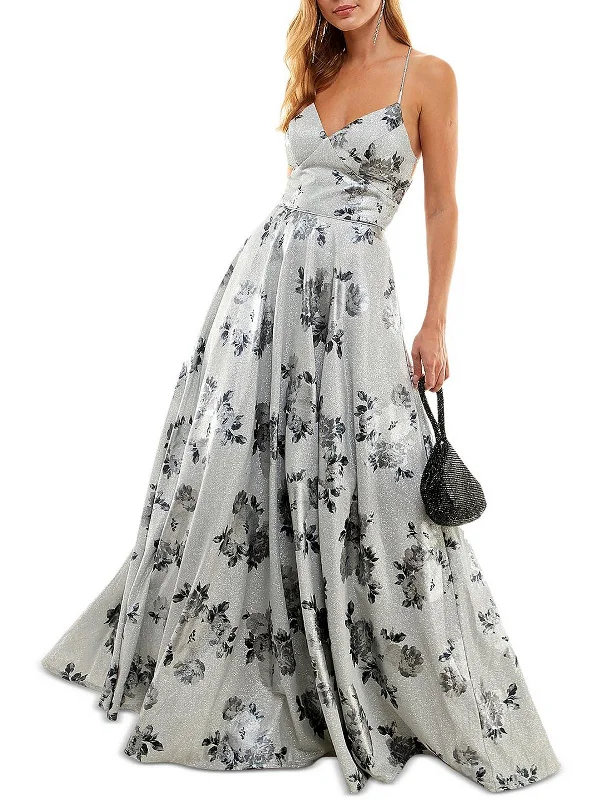 Juniors Womens Floral Glitter Evening Dress