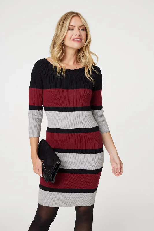 Striped 3/4 Sleeve Knit Bodycon Short Dress