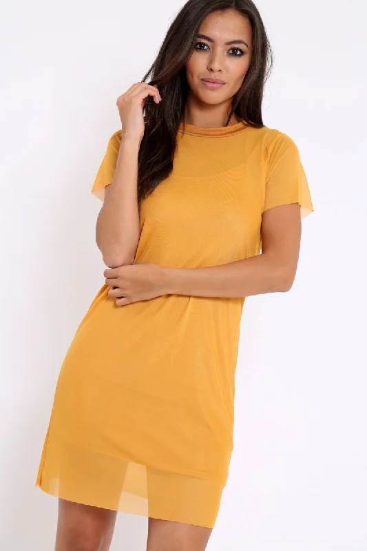 Mustard Mesh Overlay T-Shirt Dress - Selena