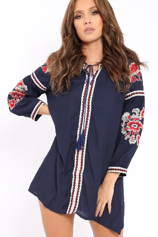 Navy Embroidered Shirt Dress - Nikki