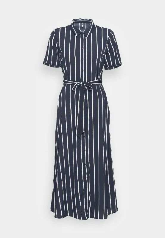 Navy Striped Short Sleeve Midi Shirt Dress