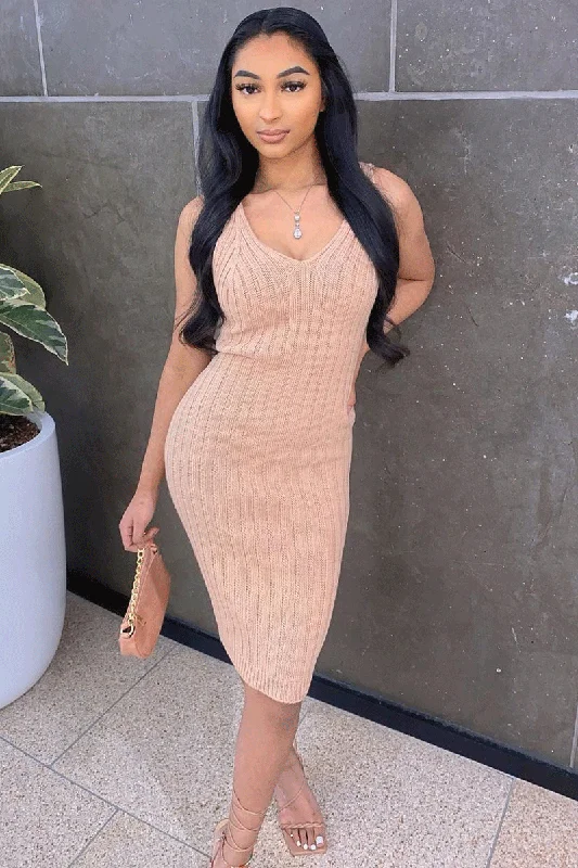 Nude Strappy Knit Midi Dress - Graciella