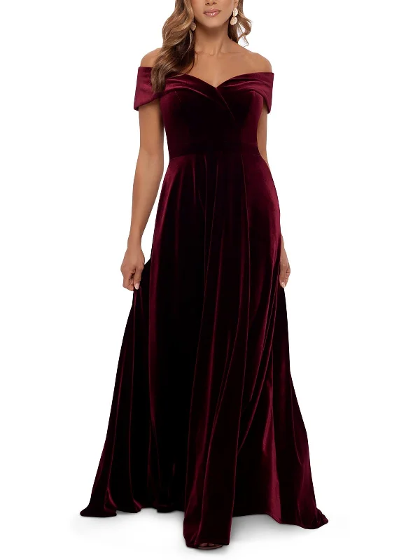 Petites Womens Velvet Off-The-Shoulder Evening Dress