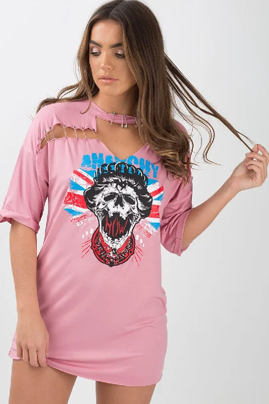 Pink Anarchy Cut Out Pin Detail T-Shirt Dress - Lollie