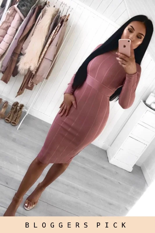 Pink Bandage Bodycon Buckle Detail Midi Dress - Ella