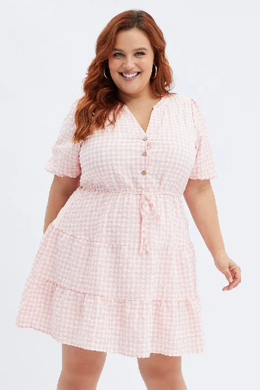 Pink Check Shirt Dress Short Sleeve Tiered