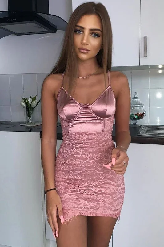 Pink Satin Lace Insert Bodycon Mini Dress - Cashlyn