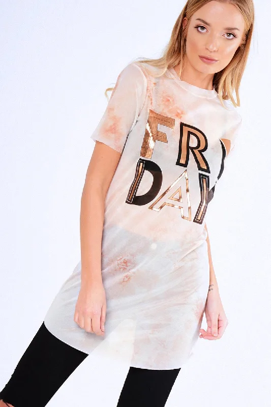 Pink Tie Dye Sheer Mesh 'Friday' Slogan T-Shirt Dress - Flynn