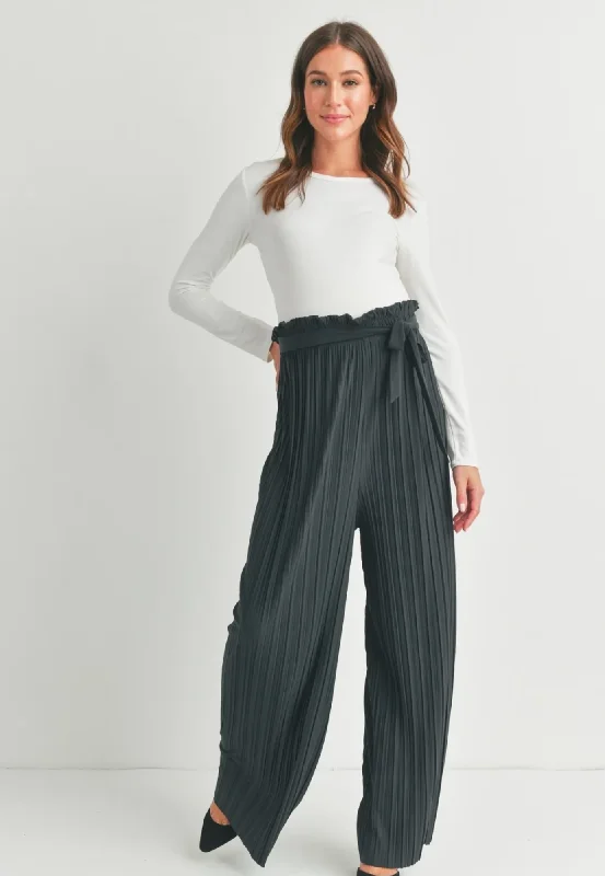 Pleated Wide Leg Maternity Pants with Belt Tie