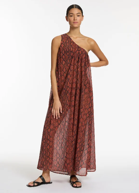 Python Crinkle One Shoulder Maxi Dress - Spice