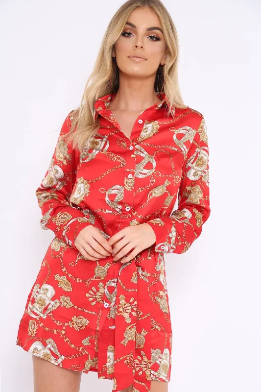 Red and Gold Chain Print Shirt Dress - Pollyann