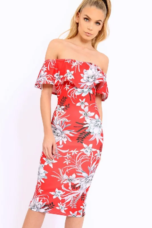 Red Floral Frill Bardot Bodycon Midi Dress - Aphra