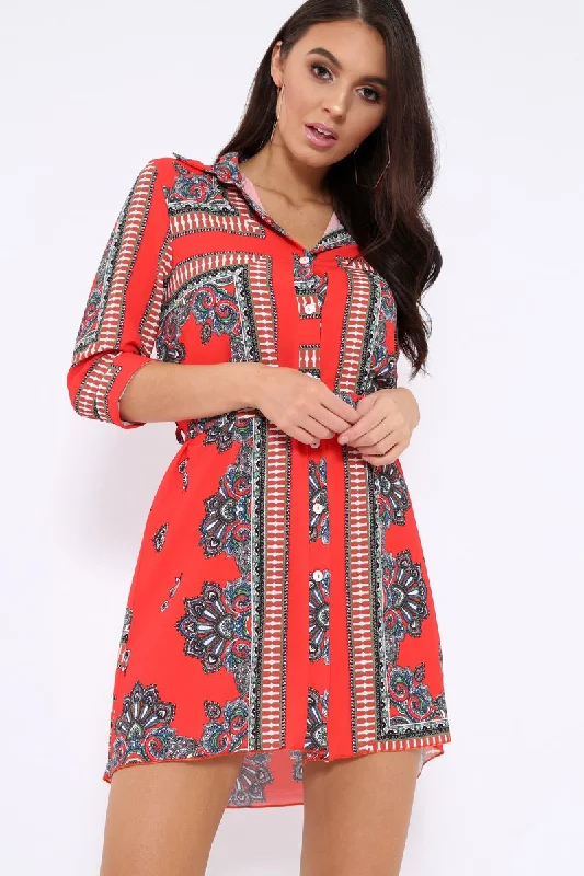 Red Scarf Print Shirt Dress - Kyah