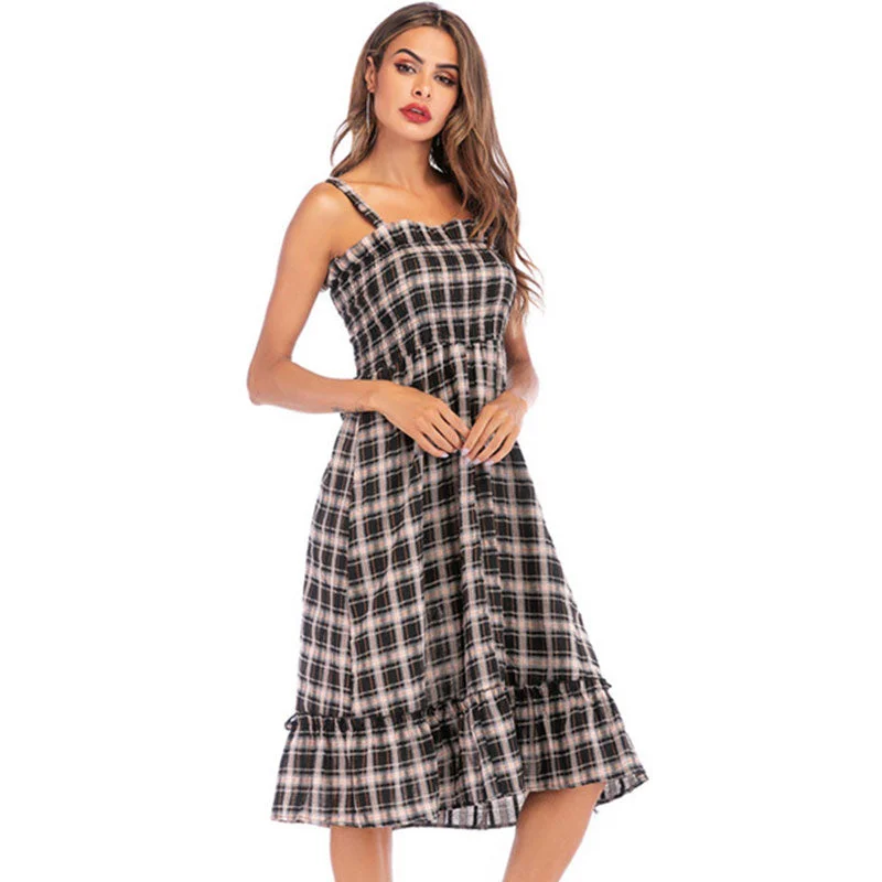 Sexy Plaid Ruffles Strap Dresses Women Casual Sleeveless A-line Summer Long Dress Ladies Fashion Elegant Party Dress Vestidos