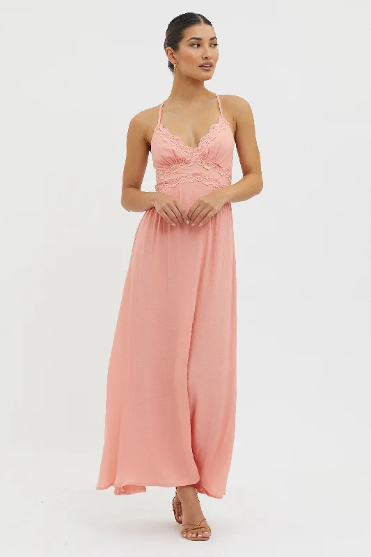 Slow It Down Lace Trim Maxi Dress Peach