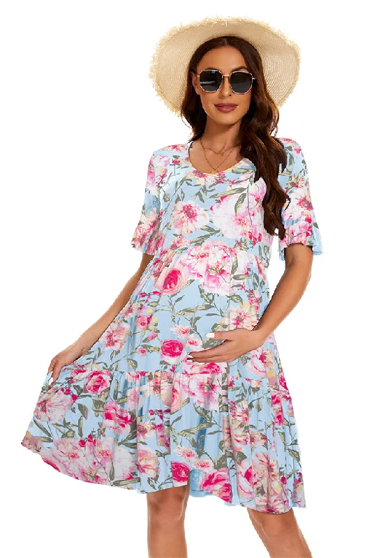 Smallshow Floral Ruffle Short Sleeve Maternity Dress