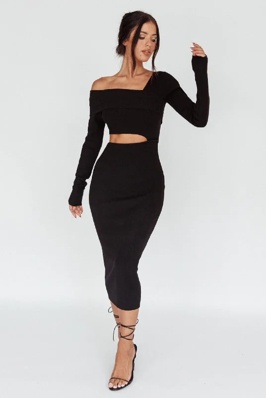 Tamar Long Sleeve One-Shoulder Midi Dress Black