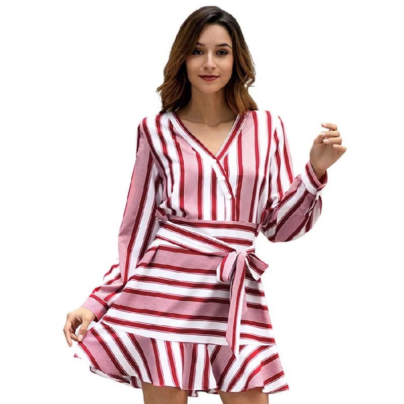 V-neck Lacing Striped Ruffles A-line Dresses Women Casual Long Sleeves Mini Dress Hight Quality Ladies Elegant Party Dress New