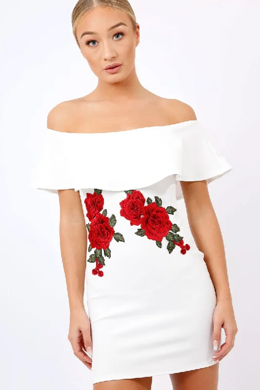 White Bardot Frill Bodycon Applique Dress - Leticia