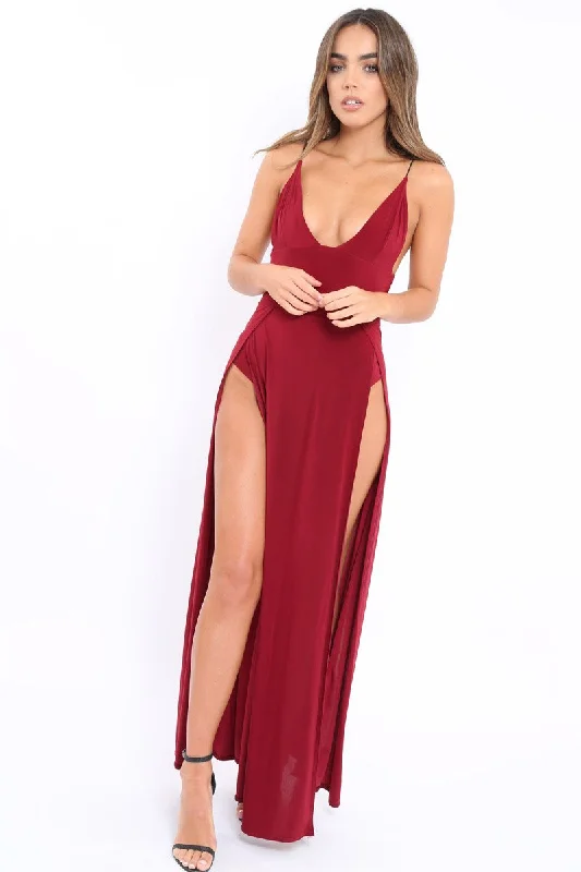 Wine Front Split Leg Maxi Dress - Effy