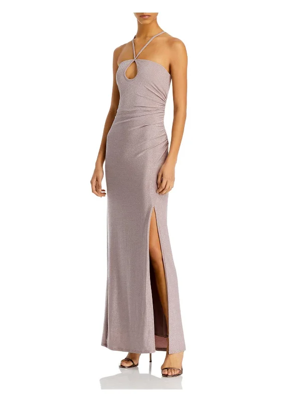 Womens Metallic Halter Evening Dress