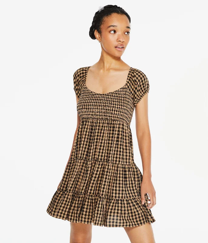 Aeropostale Gingham Scoop-Neck Smocked Babydoll Dress