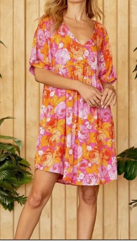 Floral Babydoll Dress In Pink, Orange And Purple