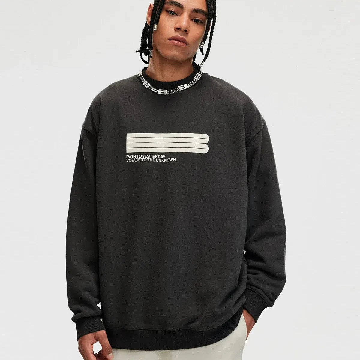 Contrast Grid Round Neck Heavy Sweatshirt