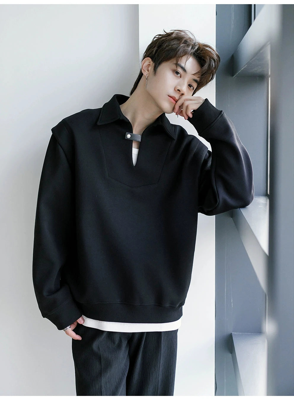 Loose Fit V-neck Lapel Pullover
