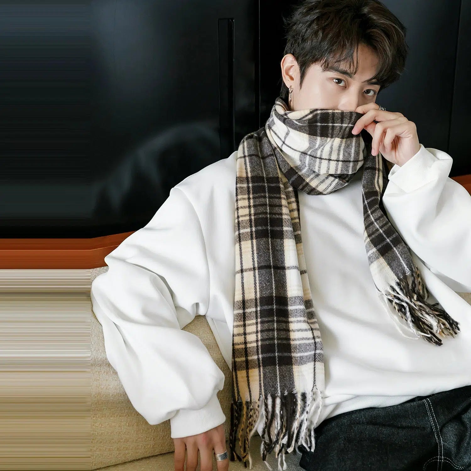 Plaid Scarf Round Neck Hoodie