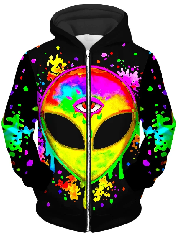 Splatter Alien Yellow Unisex Zip-Up Hoodie